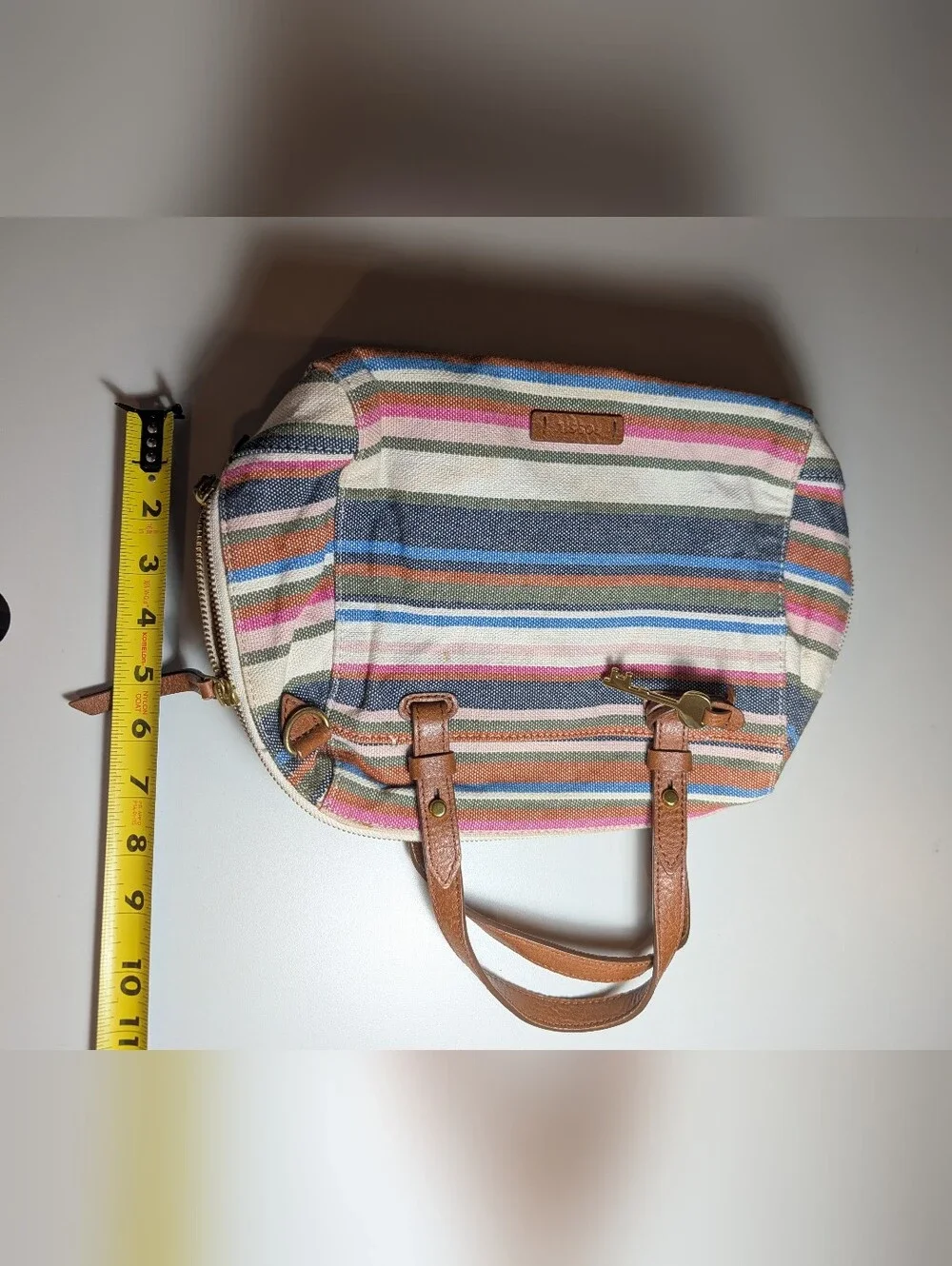 Fossil Striped Canvas Satchel with Tan Leather Accents
